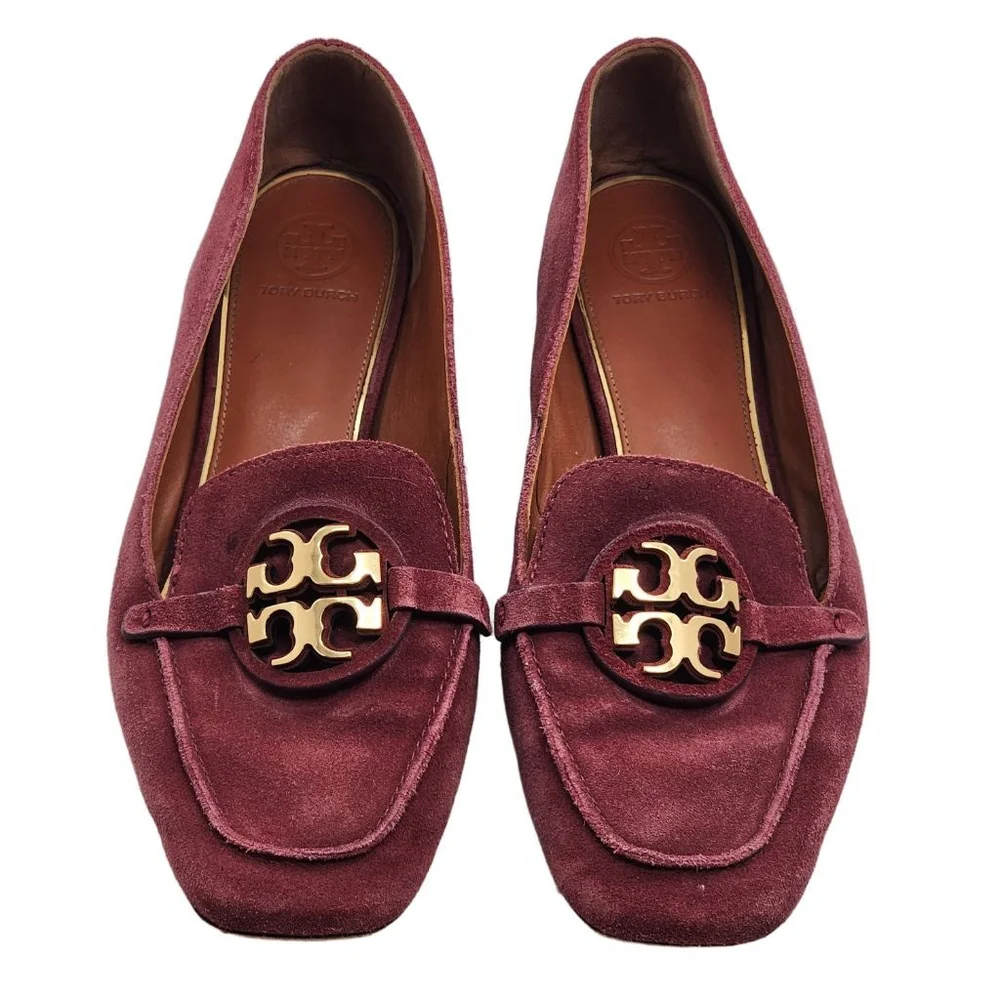 TORY‎ BURCH Miller Square Toe Burgundy Suede Loafers with Gold Logo - Size 8.5